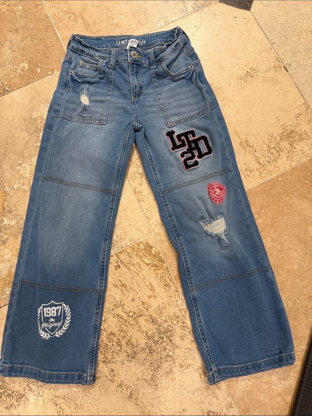 Limited Too Blue Patchwork Wide-Leg Jeans with Embroidered Patches